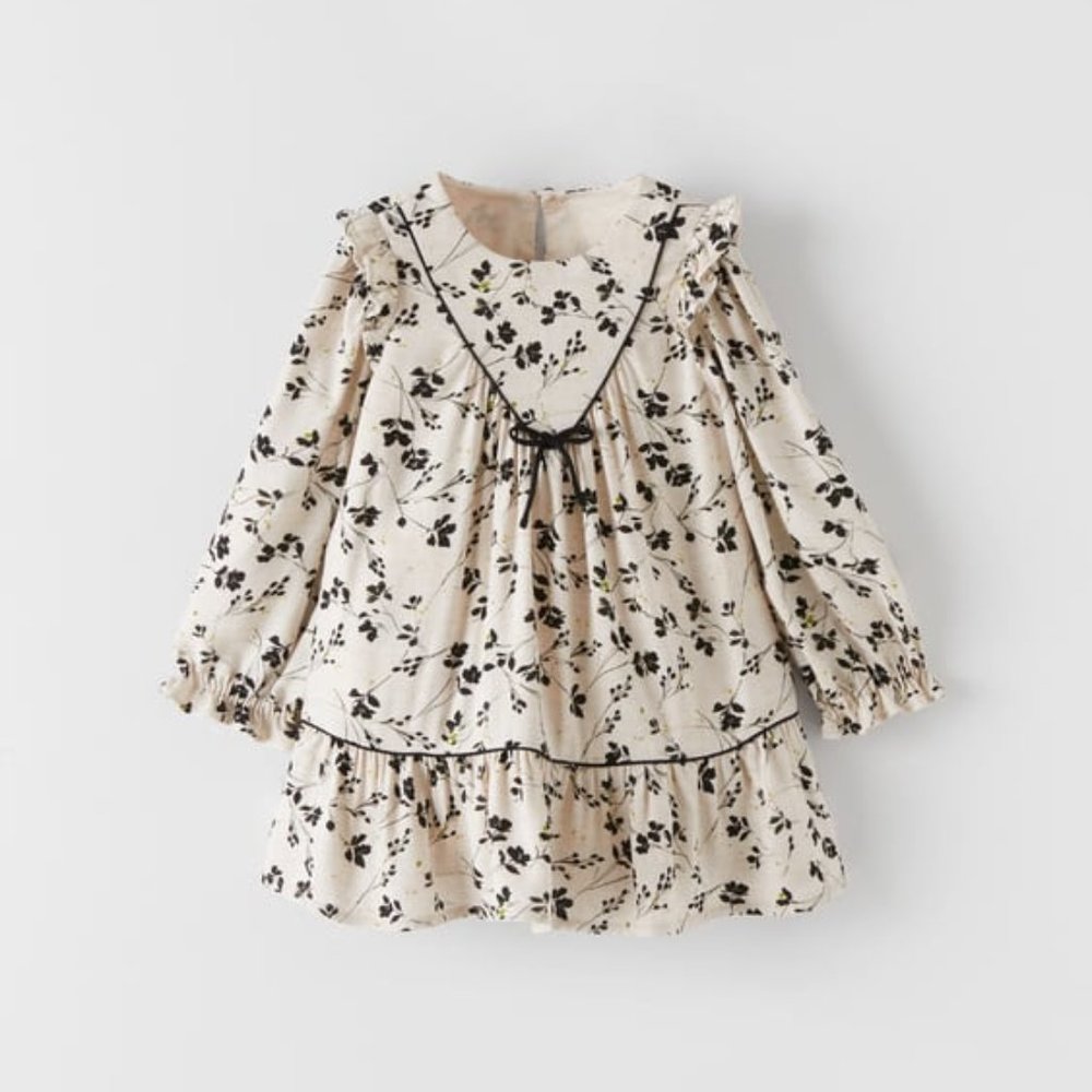 Zara Kids dress cream and black with green floral stems
